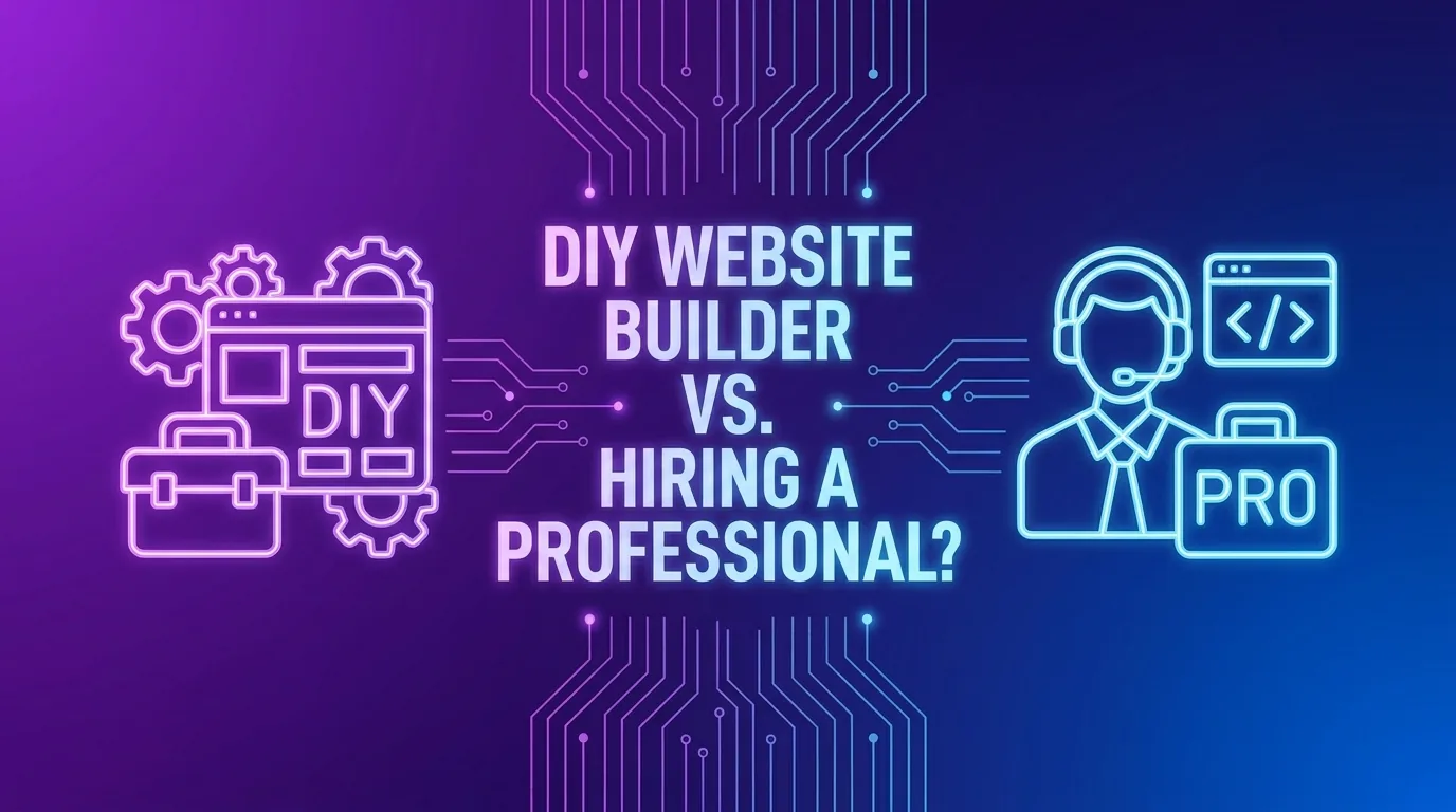 Title card reading 'DIY website builder vs. hiring a professional?' with toolbox and developer icons on a purple circuit-board background