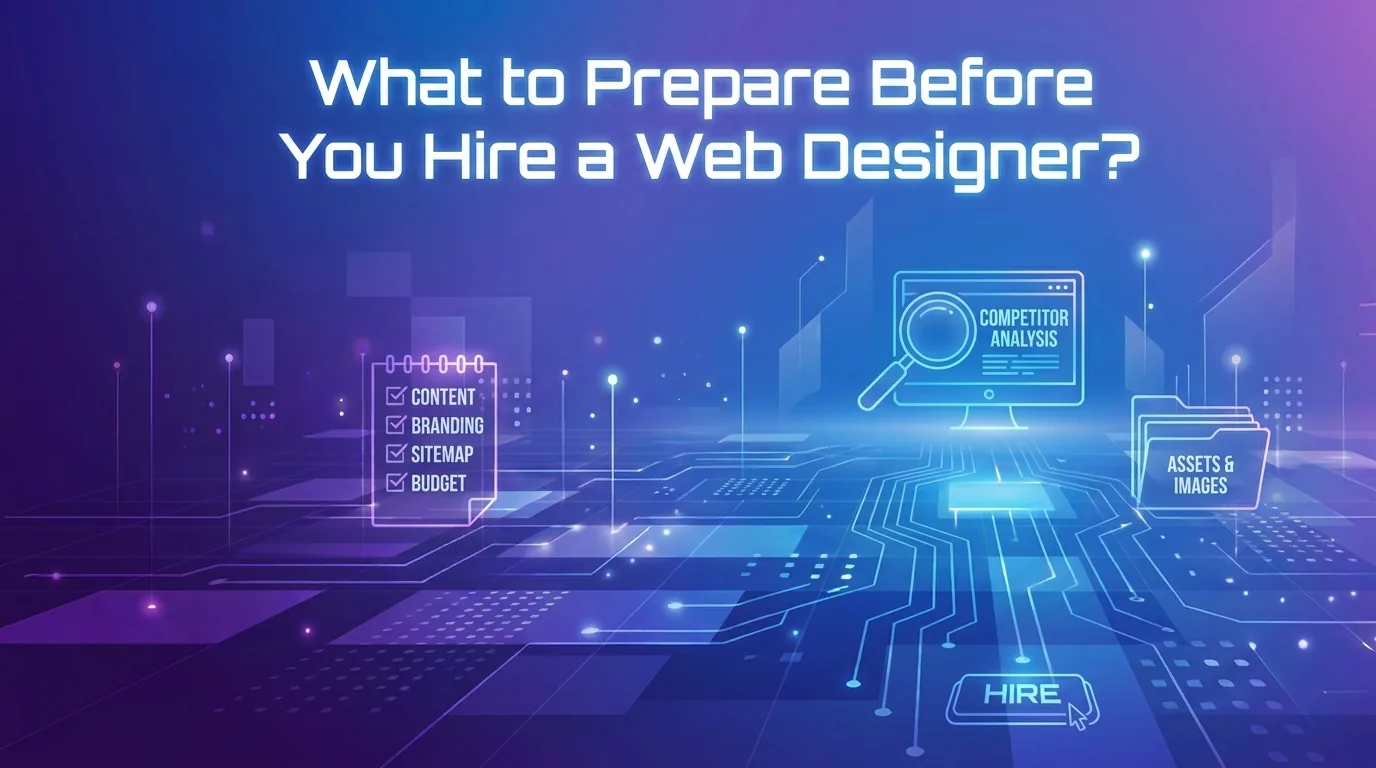Title card reading 'What to prepare before you hire a web designer?' with checklist and competitor-analysis icons on a blue circuit-board background