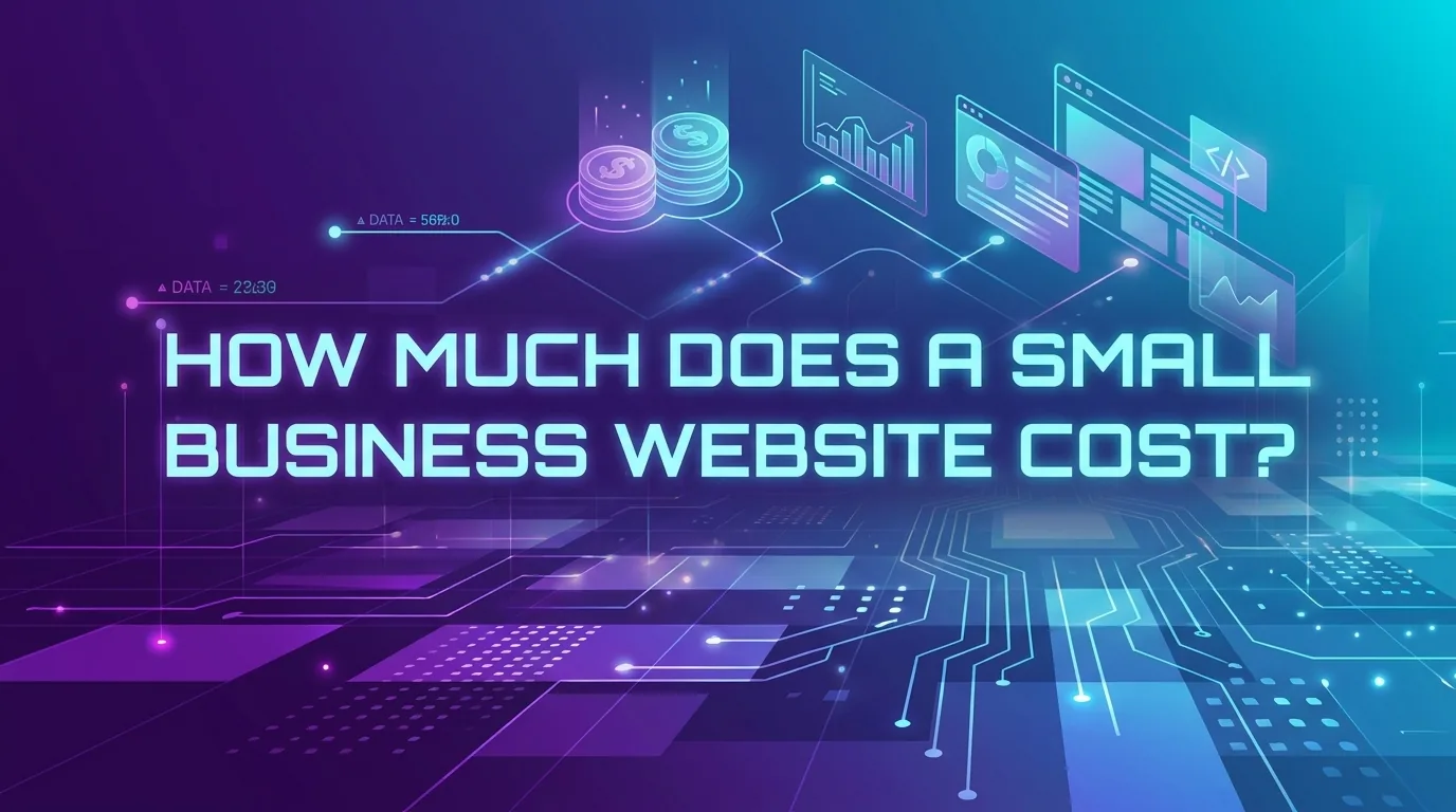 Title card reading 'How much does a small business website cost?' over a purple circuit-board background