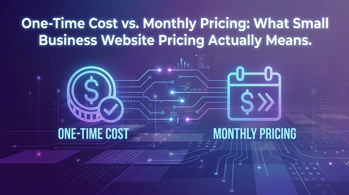 Title card reading 'One-time cost vs. monthly pricing' with a coin and calendar icon on a purple circuit-board background